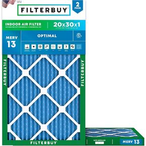 Filterbuy 20x30x1 Air Filter MERV 13 Optimal Defense (2-Pack), Pleated HVAC AC Furnace Air Filters Replacement (Actual Size: 19.50 x 29.50 x 0.75 Inches)