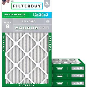 Filterbuy 12x24x2 Air Filter MERV 8 Dust Defense (4-Pack), Pleated HVAC AC Furnace Air Filters Replacement (Actual Size: 11.38 x 23.38 x 1.75 Inches)