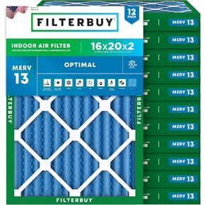 Filterbuy 16x20x2 Air Filter MERV 13 Optimal Defense (12-Pack), Pleated HVAC AC Furnace Air Filters Replacement (Actual Size: 15.50 x 19.50 x 1.75 Inches)