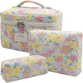 Makeup Bag Set, Quilted Makeup Bag, Large Floral Cosmetic Bag for Women, Cute Cotton Makeup Bags, Flower Travel Toiletry Organizer Bag