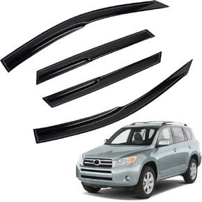 4pcs JDM 3D Wavy MU Style Window Visors Compatible with 2006-2012 Toyota RAV-4 RAV4, Front+Rear Left+Right Outside Mount Type Dark Smoke Tint Tape-On Side Sun Rain Guards Set of 4