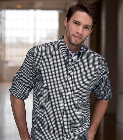 Men's Collegiate Easy-Care Long Sleeve Gingham Check Button Down Shirt, Ohio State Buckeyes, Red, Large in Kuwait