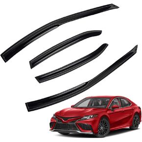 4pcs JDM 3D Wavy MU Style Window Visors Compatible with 2018-2024 Toyota Camry, Front+Rear Left+Right Outside Mount Type Dark Smoke Tint Tape-On Side Sun Rain Guards Set of 4