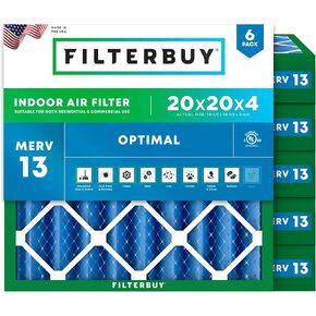 Filterbuy 20x20x4 Air Filter MERV 13 Optimal Defense (6-Pack), Pleated HVAC AC Furnace Air Filters Replacement (Actual Size: 19.38 x 19.38 x 3.63 Inches)