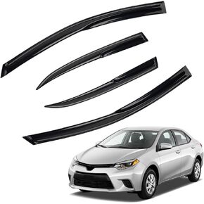 4pcs JDM 3D Wavy MU Style Window Visors Compatible with 2014-2019 Toyota Corolla 4-Door Sedan, Front+Rear Left+Right Outside Mount Type Dark Smoke Tint Tape-On Side Sun Rain Guards Set of 4