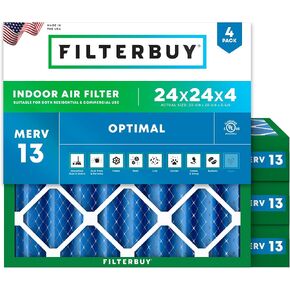 Filterbuy 24x24x4 Air Filter MERV 13 Optimal Defense (4-Pack), Pleated HVAC AC Furnace Air Filters Replacement (Actual Size: 23.38 x 23.38 x 3.63 Inches)