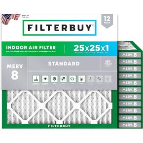Filterbuy 25x25x1 Air Filter MERV 8 Dust Defense (12-Pack), Pleated HVAC AC Furnace Air Filters Replacement (Actual Size: 24.50 x 24.50 x 0.75 Inches)
