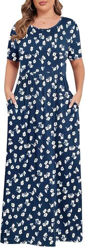 فساتين KARALIN النسائية الطويلة بمقاس كبير للصيف كاجوال بأكمام قصيرة فستان طويل مع جيوب in Kuwait