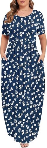 فساتين KARALIN النسائية الطويلة بمقاس كبير للصيف كاجوال بأكمام قصيرة فستان طويل مع جيوب in Kuwait