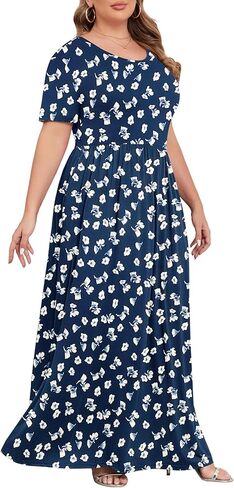 فساتين KARALIN النسائية الطويلة بمقاس كبير للصيف كاجوال بأكمام قصيرة فستان طويل مع جيوب in Kuwait