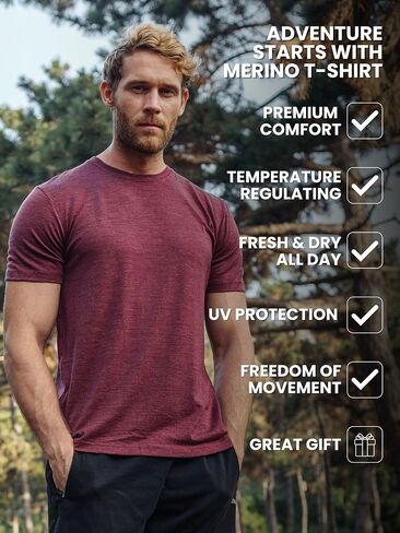 Merino.tech Merino Wool T-Shirt Mens - 100% Organic Merino Wool Undershirt Lightweight Base Layer (Bordo, Small) in Kuwait