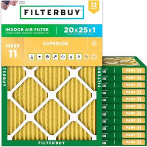 Filterbuy 20x25x1 Air Filter MERV 11 Allergen Defense (12-Pack), Pleated HVAC AC Furnace Air Filters Replacement (Actual Size: 19.50 x 24.50 x 0.75 Inches)