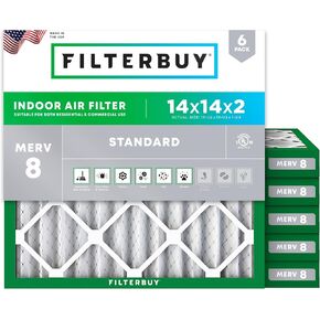 Filterbuy 14x14x2 Air Filter MERV 8 Dust Defense (6-Pack), Pleated HVAC AC Furnace Air Filters Replacement (Actual Size: 13.50 x 13.50 x 1.75 Inches)