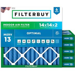 Filterbuy 14x14x2 Air Filter MERV 13 Optimal Defense (6-Pack), Pleated HVAC AC Furnace Air Filters Replacement (Actual Size: 13.50 x 13.50 x 1.75 Inches)