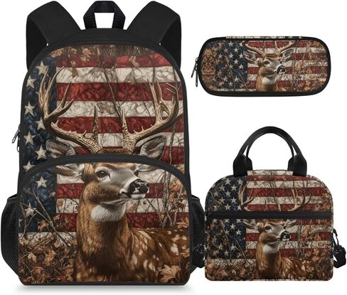 American Falg Boys Backpack with Lunch Box Camo Deer Kids Bookbags for 6th Grade Girls 6-8/8-10/8-12 Elementary School Book Bag Lunch Bag Hunting 15 inch Back Pack Lunchbox Pencil Case Set in Kuwait