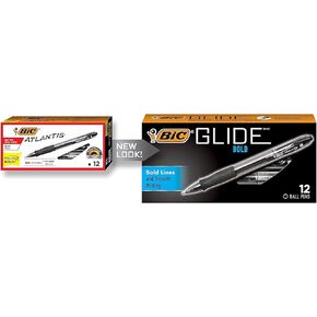 BIC Glide Bold Black Ballpoint Pens, Bold Point (1.6mm), 12-Count Pack, Retractable Ballpoint Pens With Comfortable Full Grip (VLGB11-BLK)