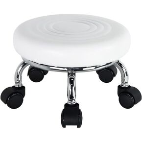 Modern Roller Seat PU Leather Low Round Rolling Stool 360° Swivel Small Stool with Universal Caster Wheels Foot Stool for Home Office Garage Shop Fitness Sport H：8.4" （White）