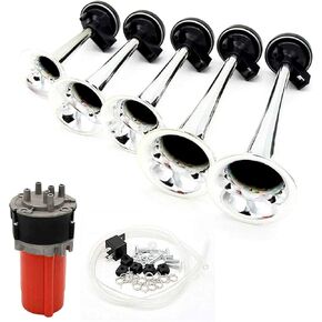 Car Horn 150DB Air Horn Loud Speaker Air Horns Music Car Truck Five-tube Music Truck Horn with Compressor Air Pump Car Music Horn for any 12V vehicle train lorry car boat motorcycle SUV etc