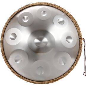 "OW" hand pan in D Minor 9 notes steel hand drum + Soft Hand Pan Bag, Silver,22 inches 440HZ