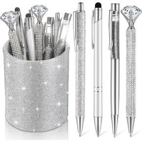 Sabary 8 Pcs Ballpoint Pens with Pen Holder for Desk Glitter Crystal Diamond Fancy Pencil Holder Bling Desk Organizer Cute Stationery Supplies for Women Girls Wedding Office School Gifts(Shiny Pink)