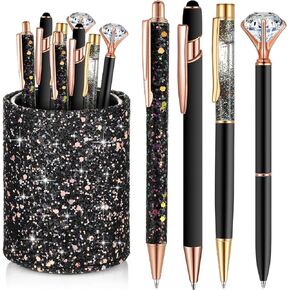 Sabary 8 Pcs Ballpoint Pens with Pen Holder for Desk Glitter Crystal Diamond Fancy Pencil Holder Bling Desk Organizer Cute Stationery Supplies for Women Girls Wedding Office School Gifts(Shiny Pink)