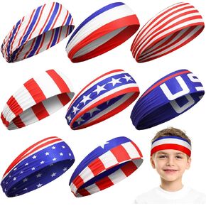 8 Pcs 4th of July Headbands American Flag Headband Kids USA Sweatbands Independence Day Sport Athletic Breathable Hair Band Wicking Elastic Running Sweat Bands for Toddler Children Teenagers