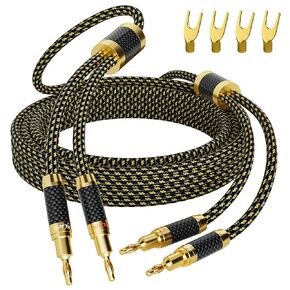 Hi-Fi Speaker Cable Wire 8 Feet, with Banana Plugs and Convertible Gold Plated Y Spade Connectors, (Silver Plated Copper Wire, Multiple Shield, Nylon Braided), for HiFi Sound, Audiophiles