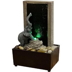 Nature's Mark 9" H Elephant Tabletop Water Fountain with Natural River Rocks and LED Lights (Power Cord Attached)