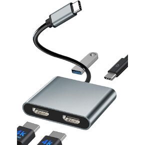 USB C to Dual HDMI Adapter,USB C Splitter 2 Monitors Extended Display,HDMI Adapter for Dual Monitors,Type C HDMI Hub Multiple Monitors Docking Station for Laptop/Monitor Compatible with Thunderbolt