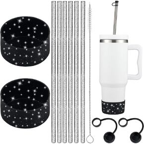 Straw Cover Spill Stopper Straw Replacement Compatible with Stanley Cup Accessories 20-40 oz, 2 Glitter Silicone Boot Sleeve, 6 Straw, 2 Straw Cover Cap, 1 Cleaning Brush
