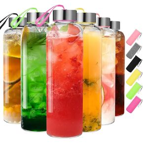 زجاجات مياه زجاجية مع أكمام من GoldArea - 6 عبوات من الزجاجات سعة 18 أونصة مع أغطية - مثالية للعصير، ومنظفات العصير، وزجاجات العصير القابلة لإعادة الاستخدام، وحاويات تخزين السوائل ذات الفم الواسع للثلاجة in Kuwait