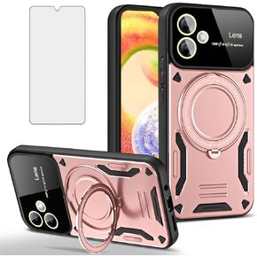 Phone Case for Samsung Galaxy A04e with Tempered Glass Screen Wrist Strap Lanyard Heavy Duty Protector Cover 360°Rotatable Invisible Ring Slim Stand Protective Military AO4e A 04e Women Pink