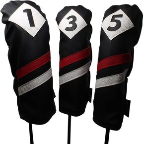 Majek Retro Golf Headcovers Black Red and White Vintage Leather Style 1 3 5 Driver and Fairway Head Covers Fits 460cc Drivers Classic Look