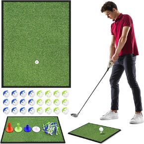 Portable Golf Hitting Mat, Premium Synthetic Turf Golf Practice Grass Mat | Come with 4 Rubber Tee and 50 Plastic Tees 24 Practice Golf Balls