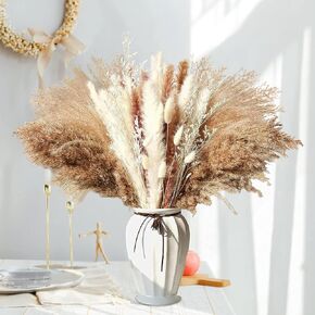Dried Pampas Grass Decor, Pampas Grass Bunny Tails Dry Flower Reed Grass 80PCS , Pampas Grass Flowers Decoration for Wedding Boho Home, Office, Living Room, Bedroom Farmhouse Party.( Brown White )