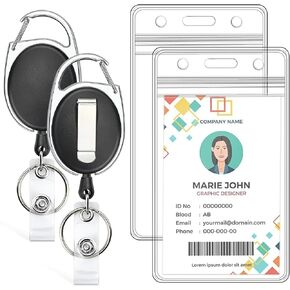 2 Pack ID Badge Holder with Retractable Badge Reel Clear Vertical ID Card Holder with Heavy Duty Carabiner Badge Reel with 24 Inches Pull Cord
