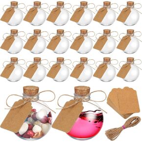 20 Pcs 8.5 oz Plastic Potion Bottles with Corks Spherical Round Bottles Christmas Ball Shape Decorative Bottles Candy Jar with Twine and Labels for Birthday Crafts Wedding Party Favor Gift