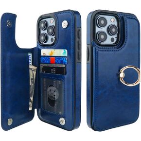 for iPhone 15 Pro Max Wallet Case with Card Holder, 360° Rotation Ring Kickstand RFID Blocking PU Leather Double Magnetic Clasp Shockproof Cover for Women and Girls 6.7 Inch (Black)