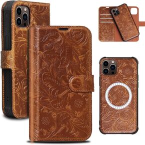 Wallet case for iPhone 15 pro Max Real Leather 6.7 case,Genuine Leather 2-in-1Magnetic Detachable Shockproof Case,Flip Folio Cover with Card Slot, Wireless Charging RFID Blocking