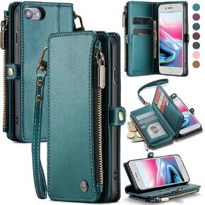 Defencase Compatible with iPhone SE 2020 2022 Case Wallet with RFID Blocking Card Holder for Women Men, Soft PU Leather Magnetic Snap Flip Zipper Strap Wallet Phone Case Fit for iPhone SE/7/8, Black
