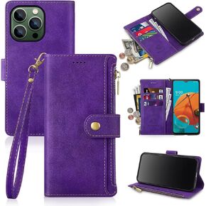 Antsturdy iPhone 13 Pro Max case Wallet with Card Holder for Women Men,【RFID Blocking】 iPhone 13 Pro Max Phone case PU Leather Flip Shockproof Cover with Strap Zipper Credit Card Slots,Wine Red