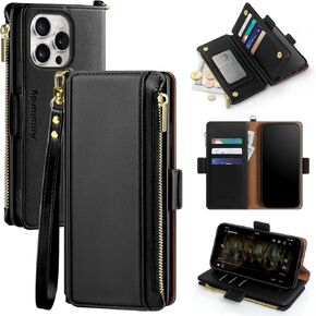 Antsturdy iPhone 13 Pro Max case Wallet with Card Holder for Women Men,【RFID Blocking】 iPhone 13 Pro Max Phone case PU Leather Flip Shockproof Cover with Strap Zipper Credit Card Slots,Wine Red