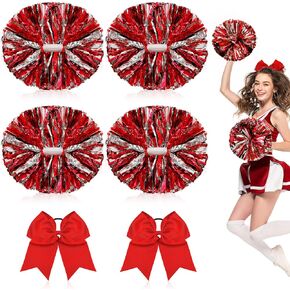 Hanaive 6 Pcs 13 Inch Cheerleading Pom Poms and Large Bows for Girl Cheer Poms Metallic Poms with Handle for Softball Dance (Red)