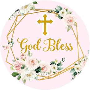 Pink and Gold Elegant Floral Cross Stickers God Bless Sticker Labels for Religious Baptism, Confirmation, Christening, First Communion - 2 Inch - 50 Count