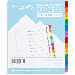 Blue Summit Supplies 12 Month Dividers for Binders, Jan to Dec Monthly Tabs, Includes Customizable Table of Contents Index, 6 Sets
