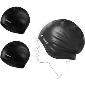2 Pack Unisex Swim Caps with 3D Ear Protection, Durable Silicone Swimming Caps for Women Men Adults Youths Kids, Easy to Put On and Off