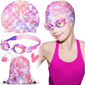 Mermaid Kids Swimming Cap with Swim Goggles and Storage Bag for Kids (Age 3-12), Silicone Waterproof Swimming and Bathing Caps for Long and Short Hair Girls Boys with Ear Plug and Nose Clip
