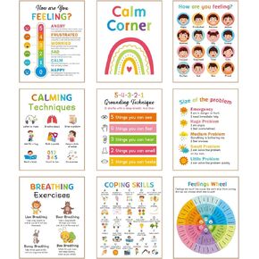 9 Calming Corner Posters, Feelings Chart for Kids, Calm Down Corner Mental Health Posters, Preschool Classroom Educational Poster Emotions Chart Coping Skills, Wall Art Decoration Mood Calming Sticker