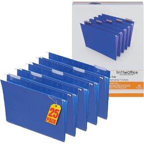 1InTheOffice Blue Hanging File Folders Letter Size, Adjustable Tabs, Letter Size File Folders Hanging, File Cabinet Dividers, 25 Pack