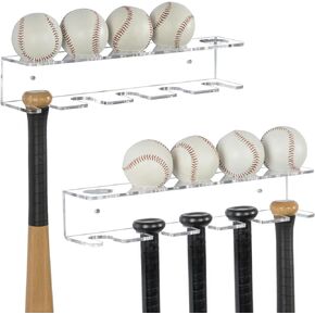 MyGift Premium Clear Acrylic Hanging Baseball Bat and Ball Racks, Wall Mounted Sports Memorabilia and Collectibles Display Floating Shelf, Set of 2 - Holds 10 Bats and 10 Balls